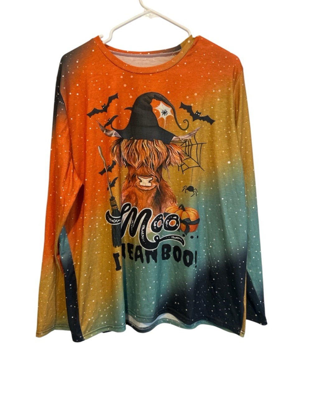 Halloween Highland Cow Graphic Long Sleeve Shirt - Orange Teal Black